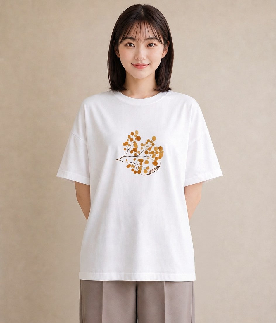 グラフィックTシャツ レディース 落ち葉 植物 ボタニカル イラスト 韓国風 レイヤード 友達ギフト 白T YMAZO