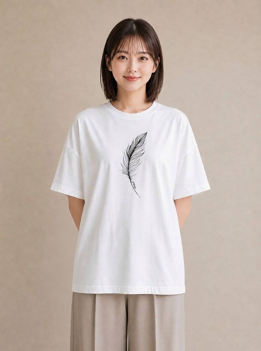 グラフィックTシャツ レディース 扇子 そよ風 ナチュラル アンティーク イラスト 買い物 夏コーデ 白T YMAZO
