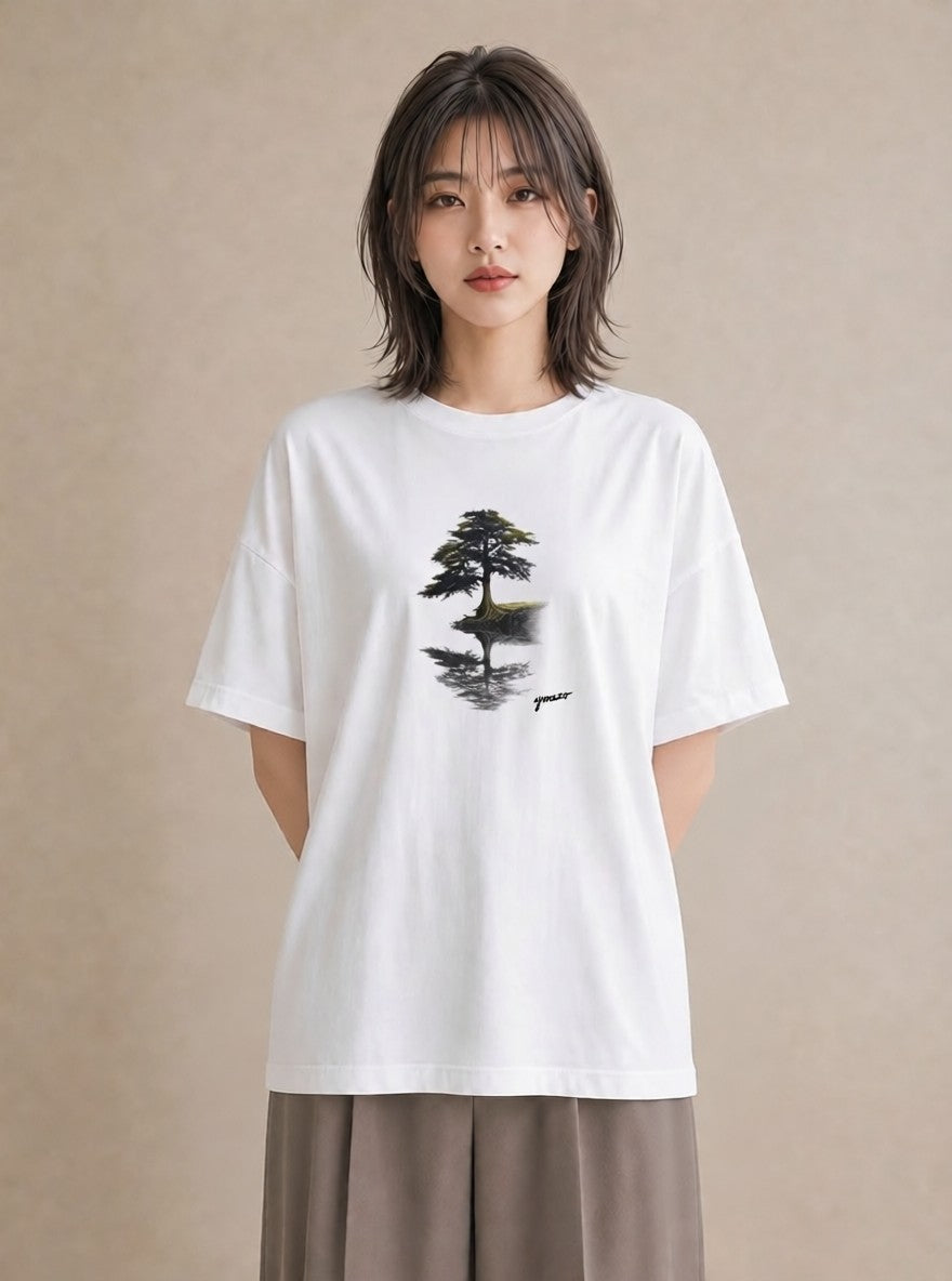 半袖Tシャツ レディース 青の水彩 風景 ブルー ナチュラル アンティーク イラスト 上品 自分用 ルームウェア 白T YMAZO