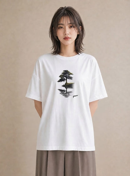 半袖Tシャツ レディース 青の水彩 風景 ブルー ナチュラル アンティーク イラスト 上品 自分用 ルームウェア 白T YMAZO