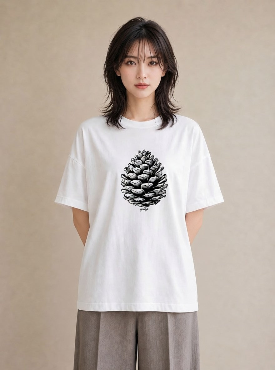 プリントTシャツ レディース 松ぼっくり 植物 ボタニカル イラスト ゆるかわ 母娘コーデ 自分用 白T YMAZO