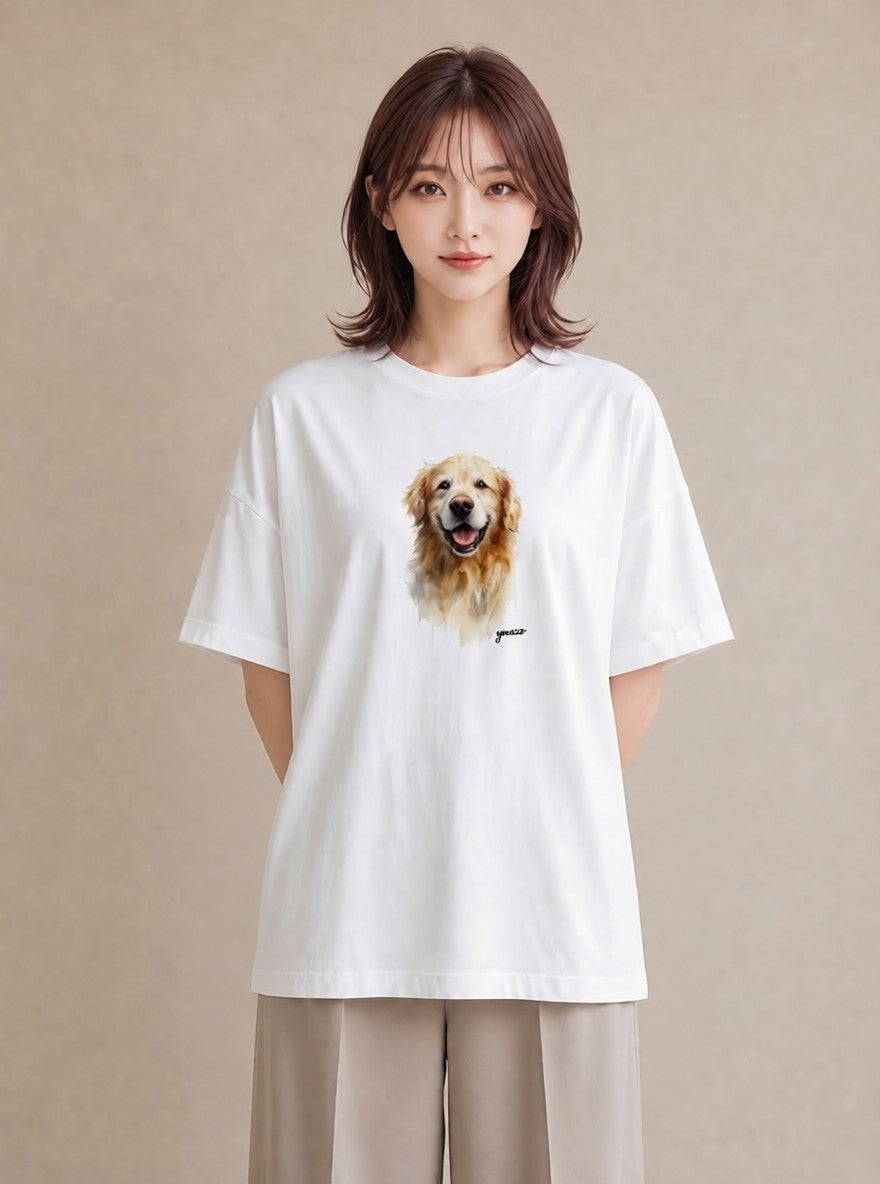 Tシャツ レディース ゴールデンレトリバー ゴールデン 犬 いぬ イラスト 普段使い 親子 20代 白T YMAZO