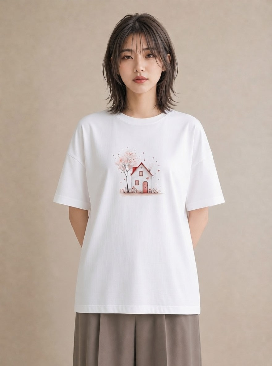 半袖Tシャツ レディース 遠い家と鳥 風景 鳥 ナチュラル アンティーク イラスト ヴィンテージ風 レイヤード 友達ギフト 白T YMAZO