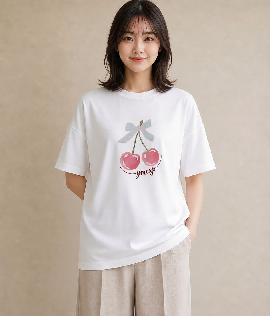 グラフィックTシャツ レディース さくらんぼ チェリー 食べ物 フード イラスト ナチュラル 海 カフェ巡り 白T YMAZO