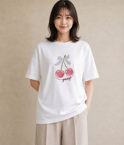グラフィックTシャツ レディース さくらんぼ チェリー 食べ物 フード イラスト ナチュラル 海 カフェ巡り 白T YMAZO