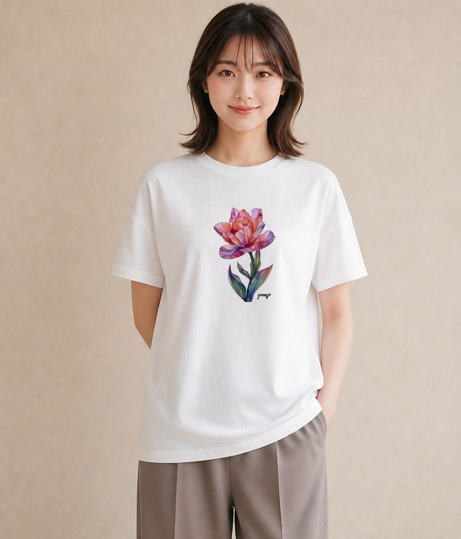 プリントTシャツ レディース チューリップ 花 花柄 イラスト ミニマル 部屋着 女性向けギフト 白T YMAZO