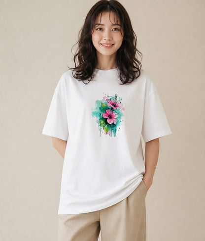 Tシャツ レディース あさがお 朝顔 花 花柄 イラスト 抜け感 休日 ペアコーデ 白T YMAZO