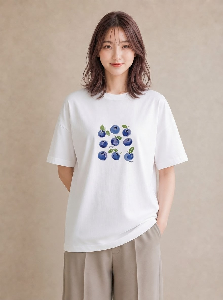 デザインTシャツ レディース ブルーベリー 食べ物 フード イラスト 韓国風 普段着 週末コーデ 白T YMAZO