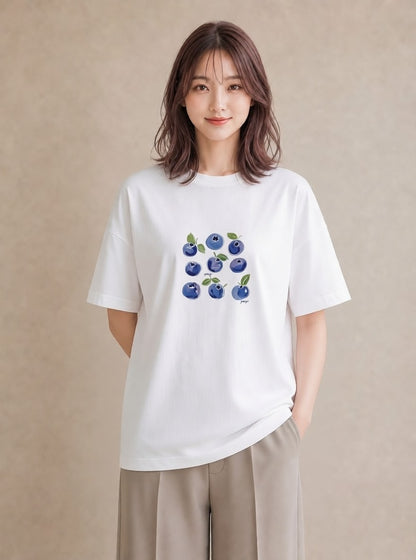デザインTシャツ レディース ブルーベリー 食べ物 フード イラスト 韓国風 普段着 週末コーデ 白T YMAZO