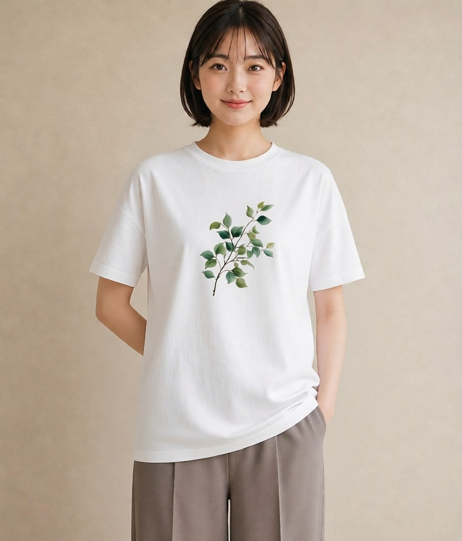 半袖Tシャツ レディース 新緑 植物 ボタニカル イラスト 休日コーデ 通学 誕生日プレゼント 白T YMAZO