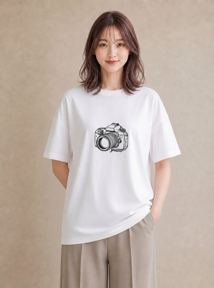 Tシャツ レディース カメラ フィルムカメラ レトロカメラ イラスト カジュアル カジュアルコーデ 買い物 白T YMAZO