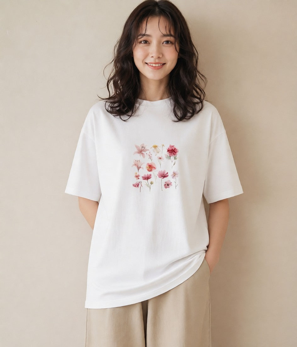 プリントTシャツ レディース コスモス 秋桜 花 花柄 イラスト 韓国風 部屋着 女性向けギフト 白T