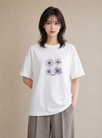 Tシャツ レディース スミレ 花 花柄 イラスト こなれ感 通勤 在宅 白T YMAZO