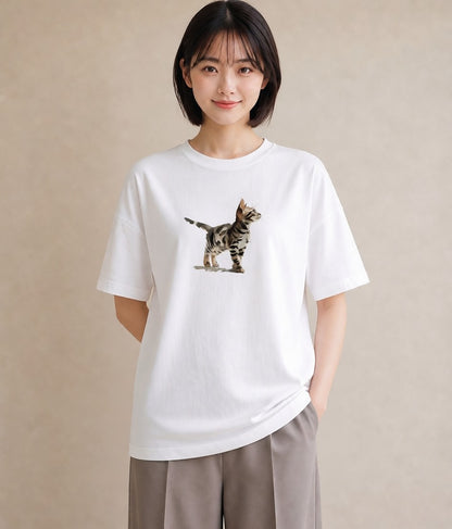 Tシャツ レディース 子猫 猫 ねこ イラスト ボタニカル 買い物 夏コーデ 白T YMAZO