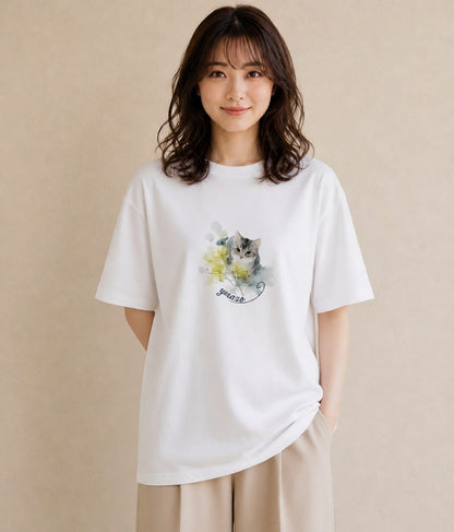 プリントTシャツ レディース ロシアンブルー 猫 ねこ イラスト 線画 デイリーウェア 休日 白T YMAZO