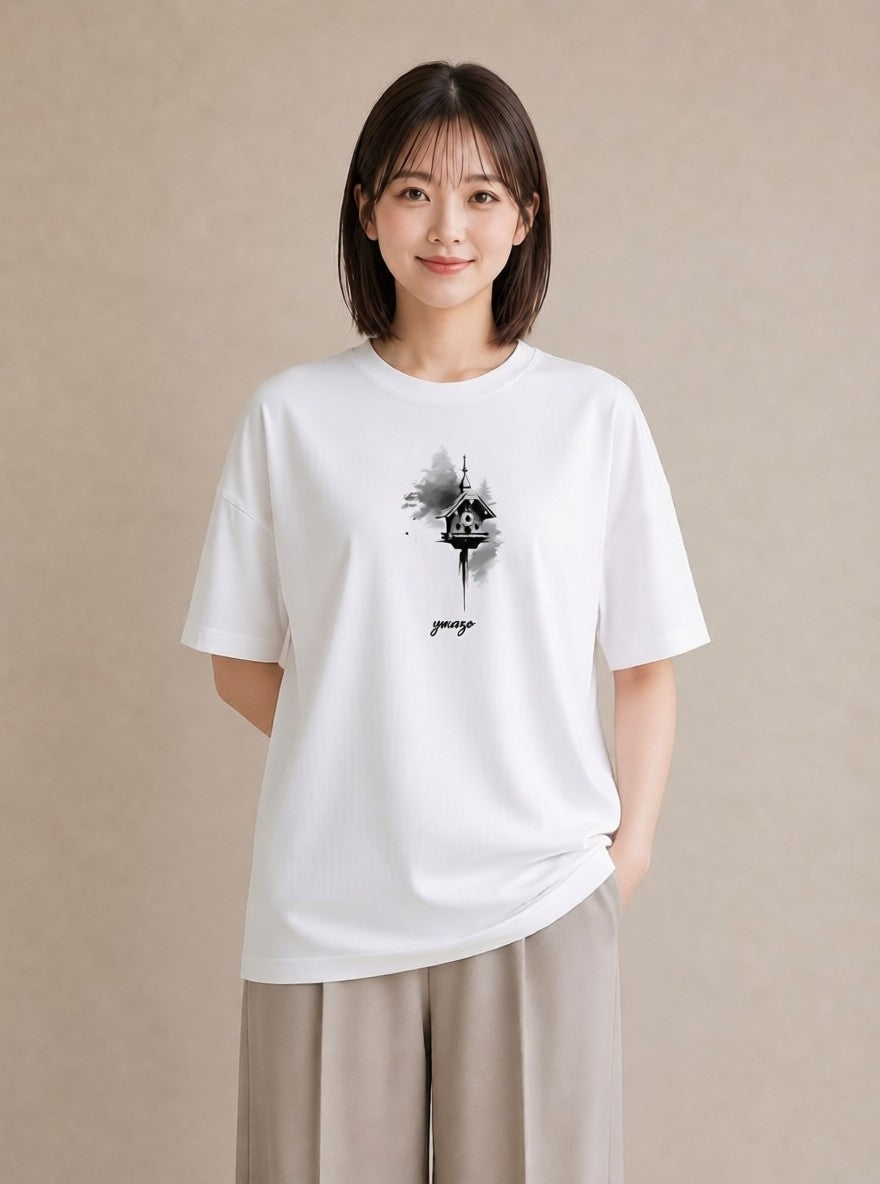 半袖Tシャツ レディース 遠い家と鳥 風景 鳥 ナチュラル アンティーク イラスト こなれ感 通勤 在宅 白T YMAZO