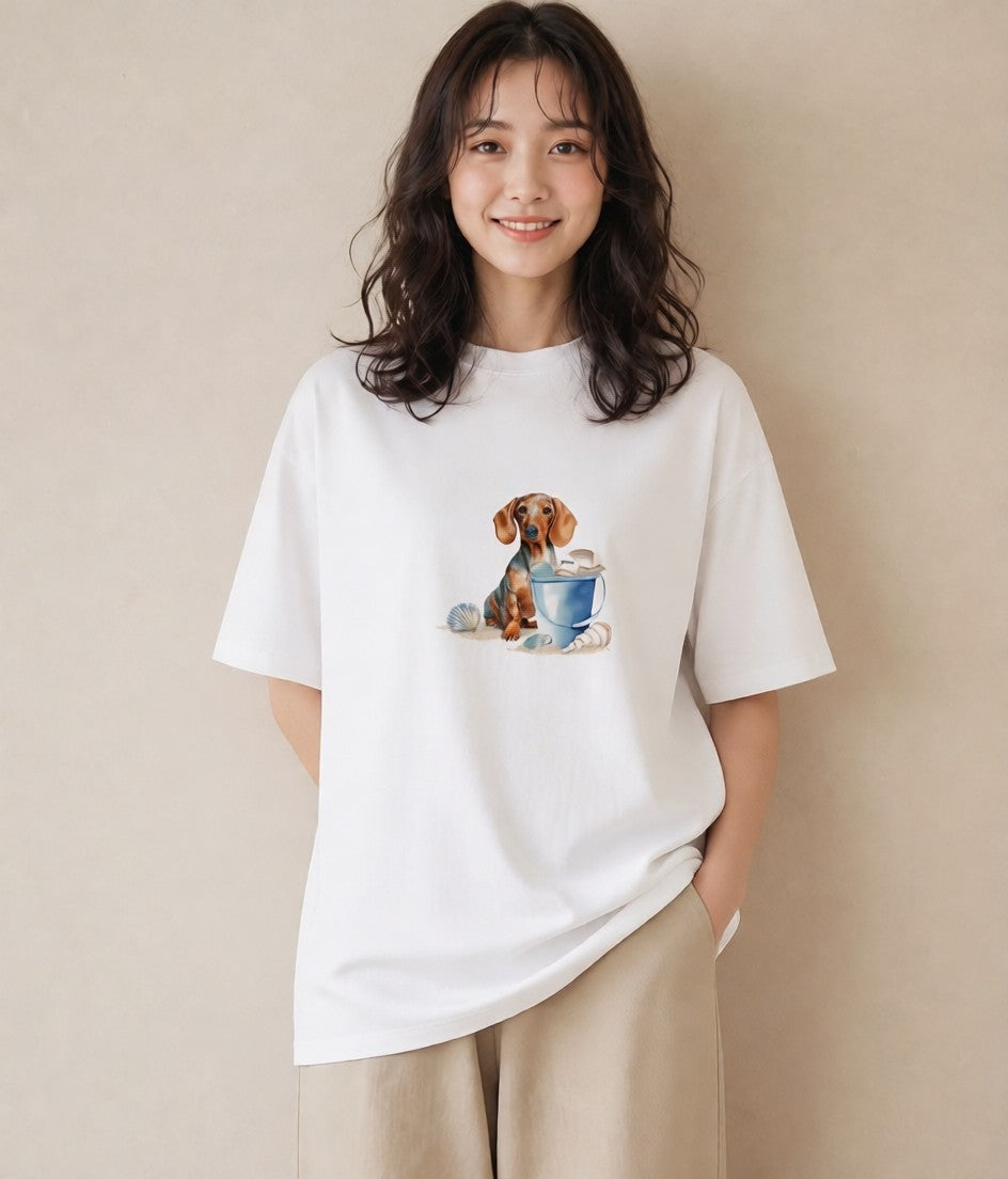 プリントTシャツ レディース ミニチュアダックスフンド 犬 いぬ イラスト 休日コーデ 夏コーデ 通学 白T YMAZO