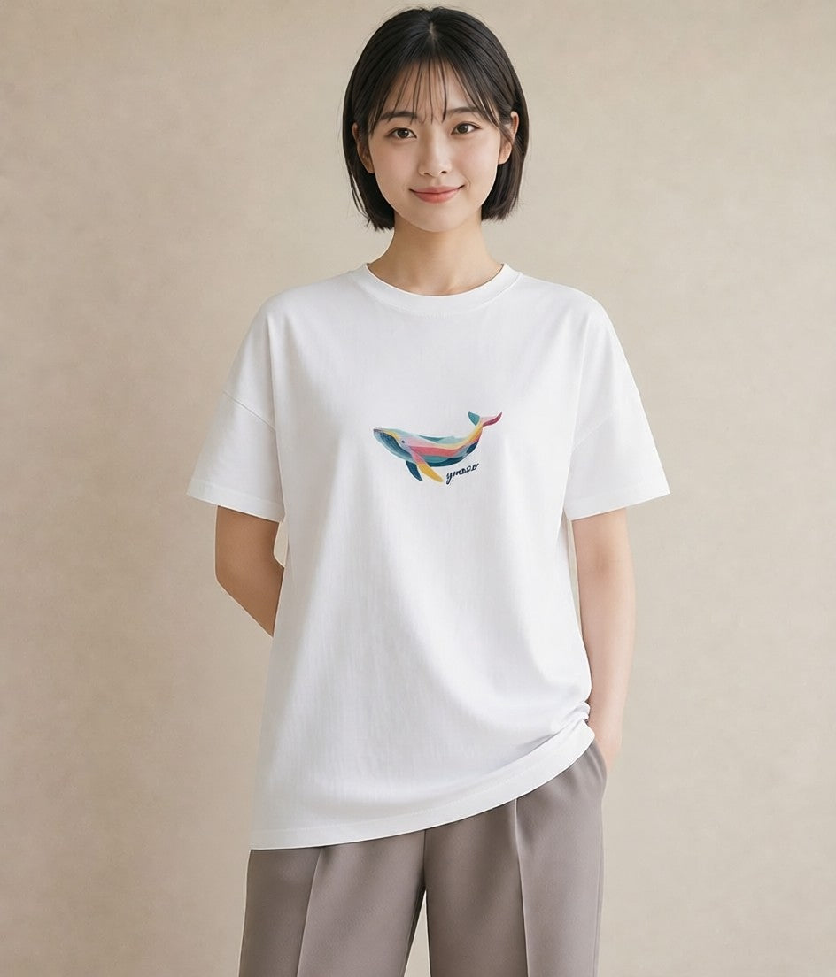 半袖Tシャツ レディース クジラ 海の生き物 海 イラスト 水彩風 休日 ペアコーデ 白T YMAZO