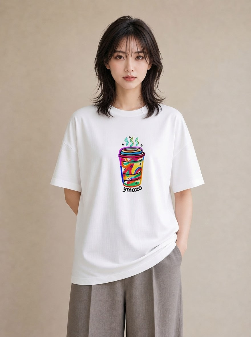 デザインTシャツ レディース カフェオレ 食べ物 フード イラスト カフェコーデ 週末コーデ 敬老の日 白T YMAZO