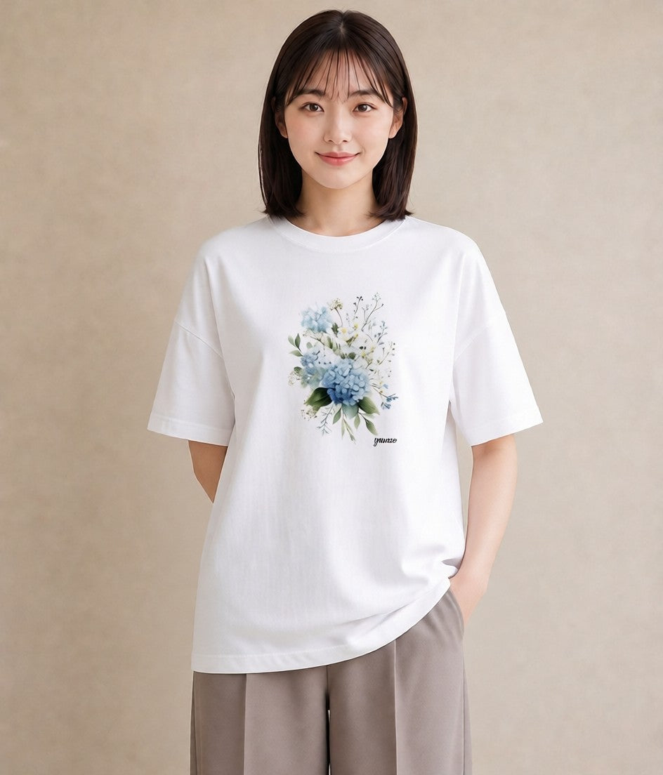 Tシャツ レディース あじさい 紫陽花 アジサイ 花 花柄 イラスト こなれ感 帰省 ラフ 白T YMAZO