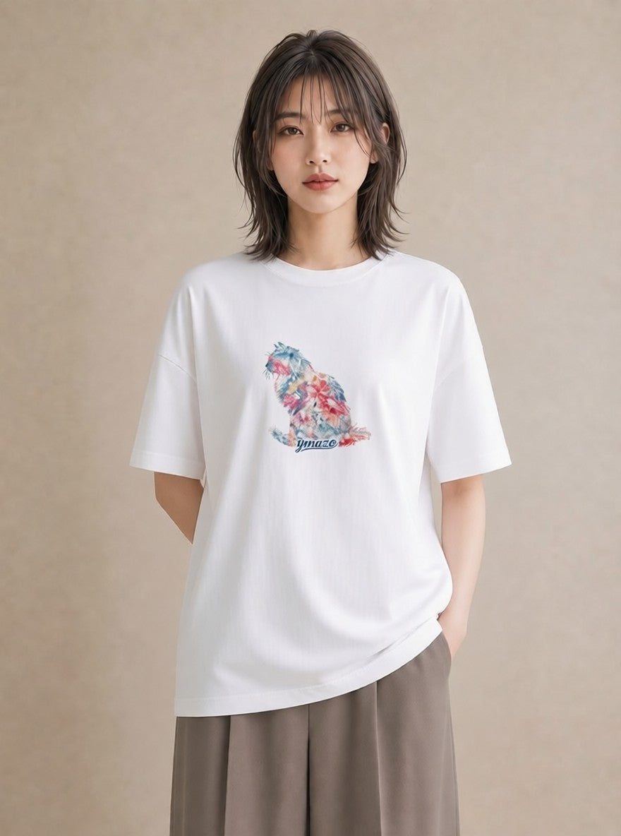 プリントTシャツ レディース シャム柄 猫 ねこ イラスト こなれ感 通勤 在宅 白T YMAZO