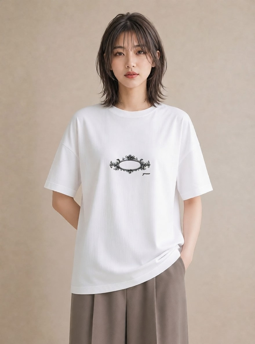 デザインTシャツ レディース 手鏡 アンティーク レトロ ナチュラル イラスト 手描き風 通学 誕生日プレゼント 白T YMAZO