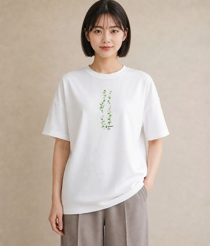 プリントTシャツ レディース 葉っぱ 植物 ボタニカル イラスト 韓国風 散歩 お出かけ 白T YMAZO