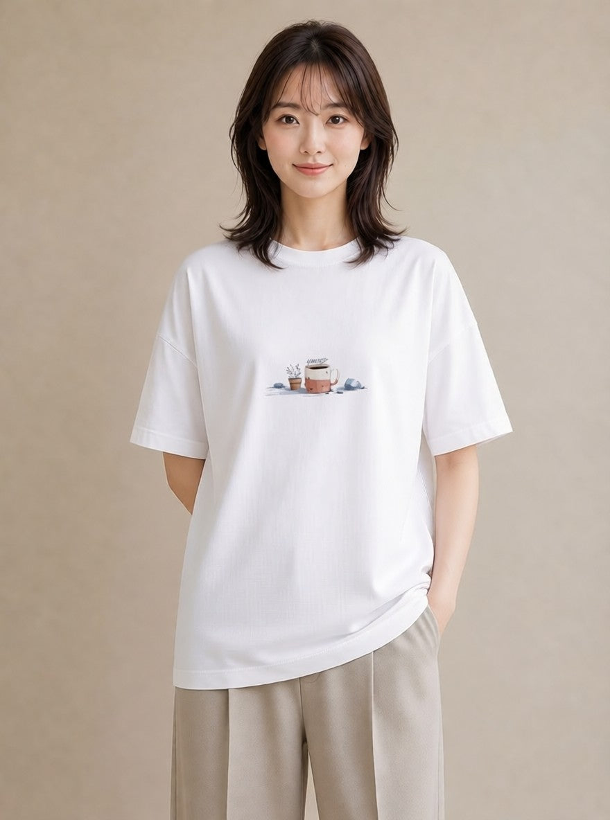 プリントTシャツ レディース ココア 食べ物 フード イラスト アート風 20代 カジュアルコーデ 白T YMAZO