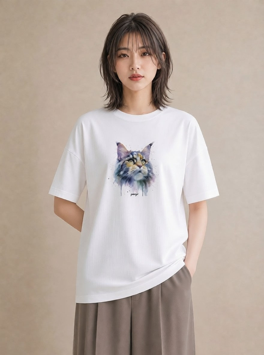半袖Tシャツ レディース キジトラ 猫 ねこ イラスト 可愛い 通勤 在宅 白T YMAZO