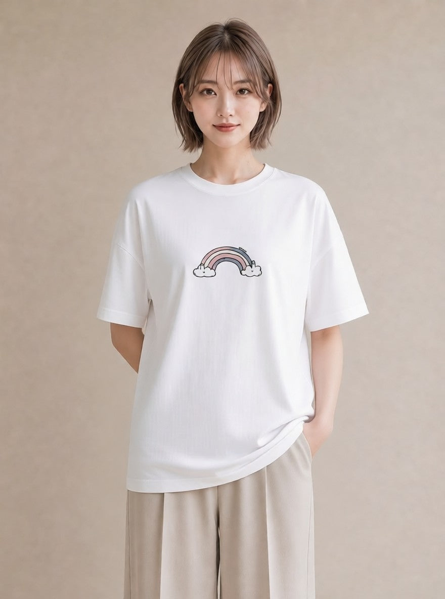 グラフィックTシャツ レディース 虹 星空 宇宙 イラスト 休日 ペアコーデ 白T YMAZO