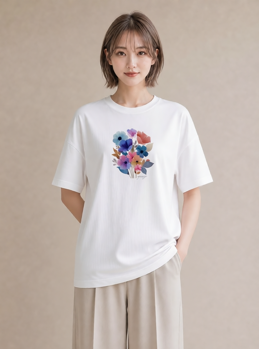 プリントTシャツ レディース あさがお 朝顔 花 花柄 イラスト ユニーク お出かけ 普段着 白T