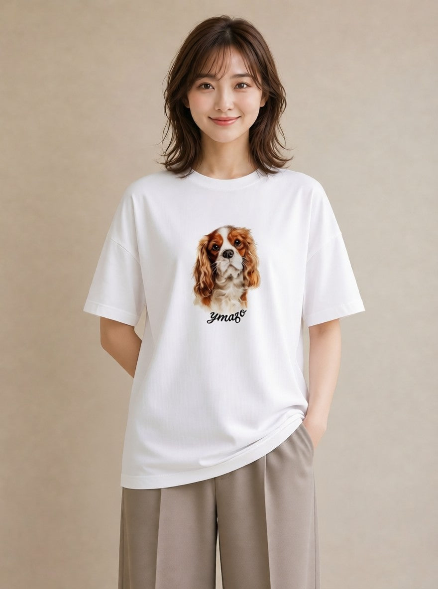 半袖Tシャツ レディース キャバリア 犬 いぬ イラスト ゆるかわ 帰省 ラフ 白T YMAZO