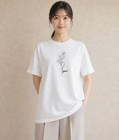 半袖Tシャツ レディース 小花 花 フラワー イラスト きれいめ ルームウェア ギフト 白T YMAZO