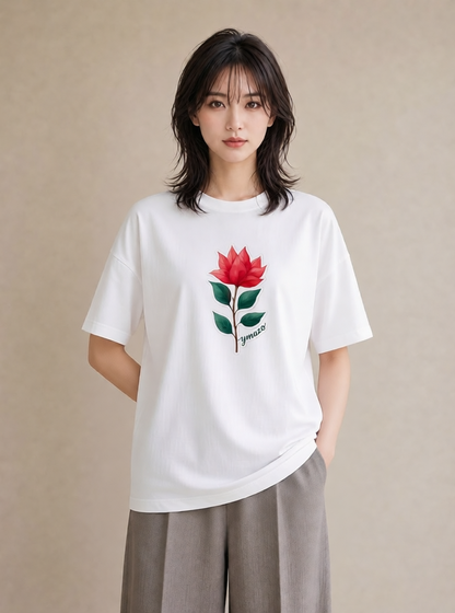 半袖Tシャツ レディース 椿 花 花柄 イラスト きれいめカジュアル おしゃれギフト 社会人 白T