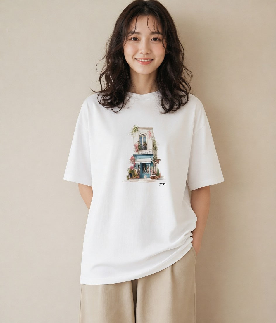 半袖Tシャツ レディース 自転車のかご 自転車 花かご ナチュラル アンティーク イラスト 抜け感 週末コーデ 敬老の日 白T YMAZO