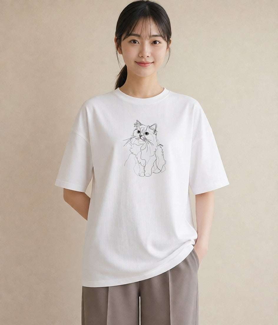 半袖Tシャツ レディース 猫 ねこ ネコ イラスト ポップ 買い物 夏コーデ 白T YMAZO
