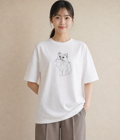 半袖Tシャツ レディース 猫 ねこ ネコ イラスト ポップ 買い物 夏コーデ 白T YMAZO