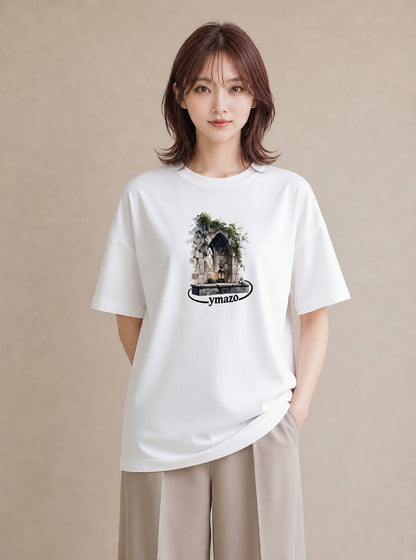 プリントTシャツ レディース 夕暮れ バルコニー 夕焼け ナチュラル アンティーク イラスト お揃い 親子 白T YMAZO