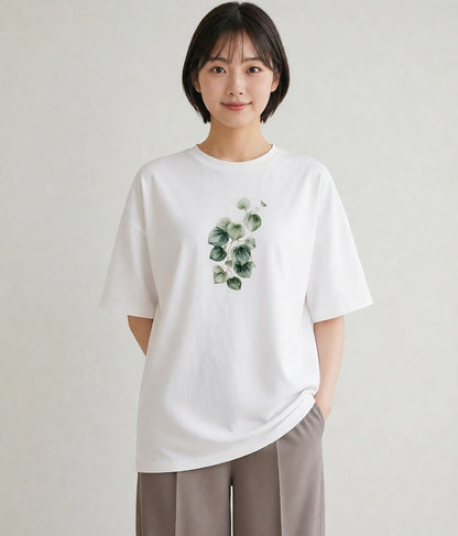 デザインTシャツ レディース つる 植物 ボタニカル イラスト ガーリー ラフ レイヤード 白T YMAZO