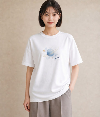 半袖Tシャツ レディース 宇宙 星空 イラスト アート風 カジュアルコーデ 買い物 白T YMAZO