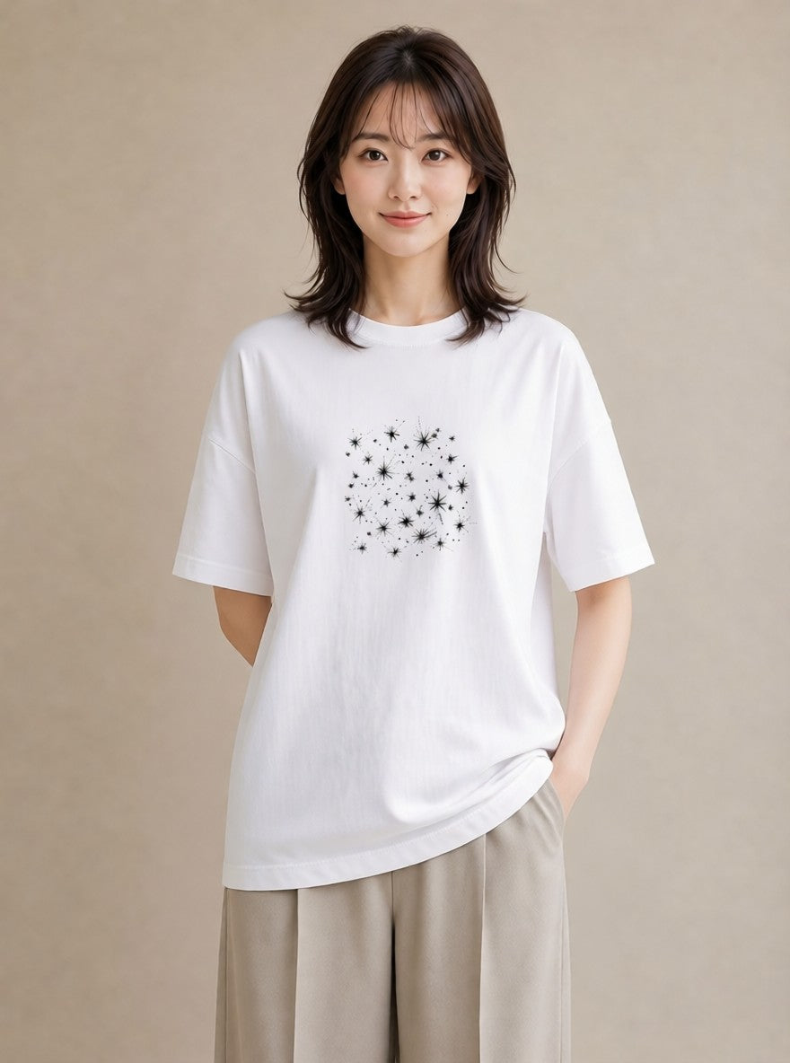 プリントTシャツ レディース 月と星 星空 ムーン イラスト 淡色 デート 帰省 白T YMAZO