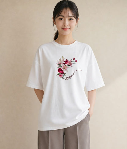 プリントTシャツ レディース ゆり 百合 花 花柄 イラスト レトロ 敬老の日 ホワイトデー 白T YMAZO