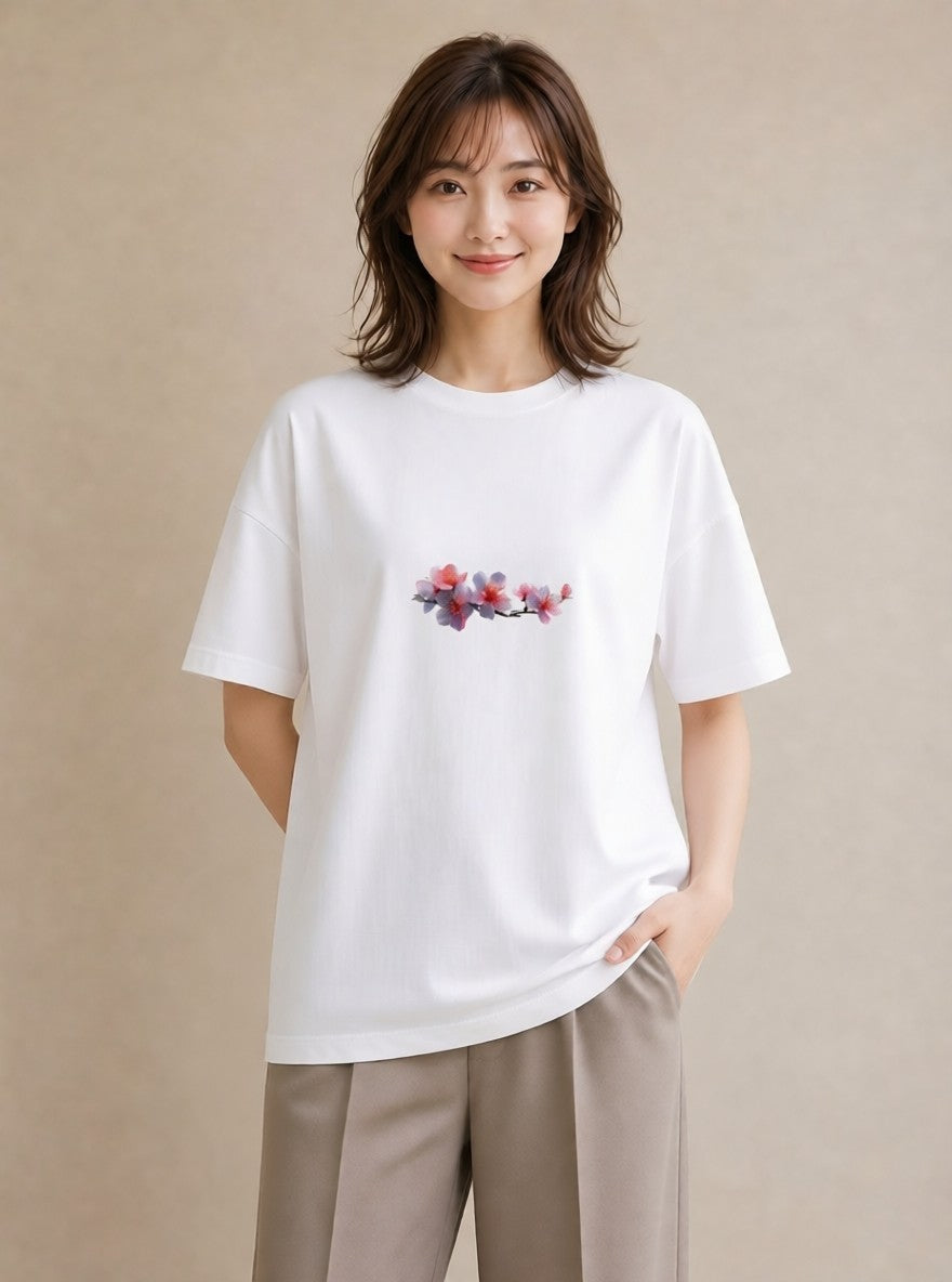 半袖Tシャツ レディース 花 花柄 イラスト 上品 社会人 女性 白T