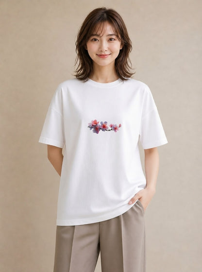 半袖Tシャツ レディース 花 花柄 イラスト 上品 社会人 女性 白T