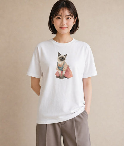 Tシャツ レディース おすわり猫 猫 ねこ イラスト 旅行コーデ ペアコーデ 秋コーデ 白T YMAZO