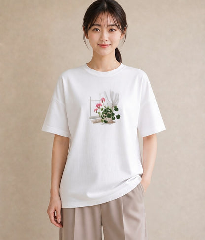 プリントTシャツ レディース 窓辺の雨 雨の日 窓 ナチュラル アンティーク イラスト 通勤 在宅 白T YMAZO