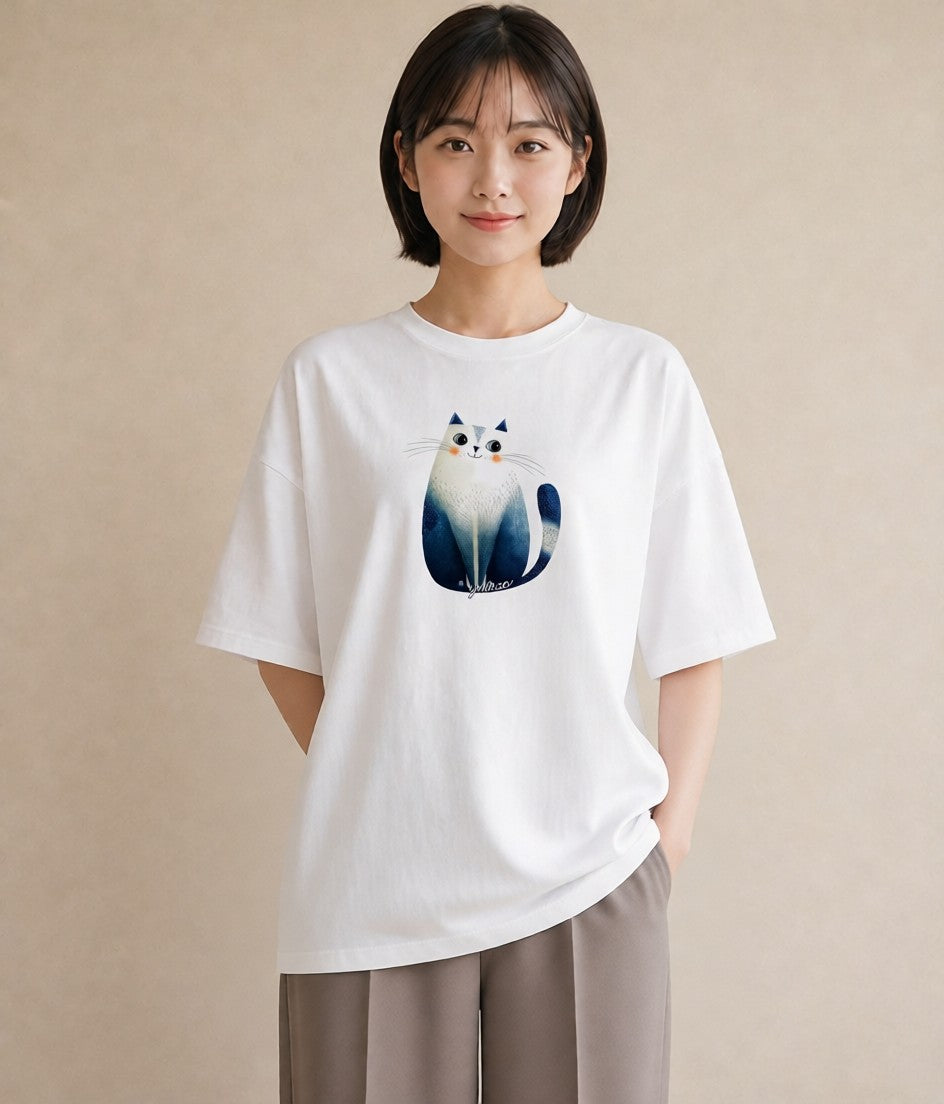 グラフィックTシャツ レディース ニャンコ 猫 ねこ イラスト ラフカジュアル デート 帰省 白T YMAZO