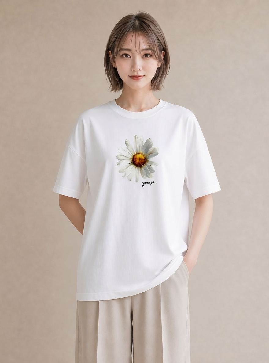 デザインTシャツ レディース マーガレット 花 花柄 イラスト フェミニン 夏コーデ 通学 白T