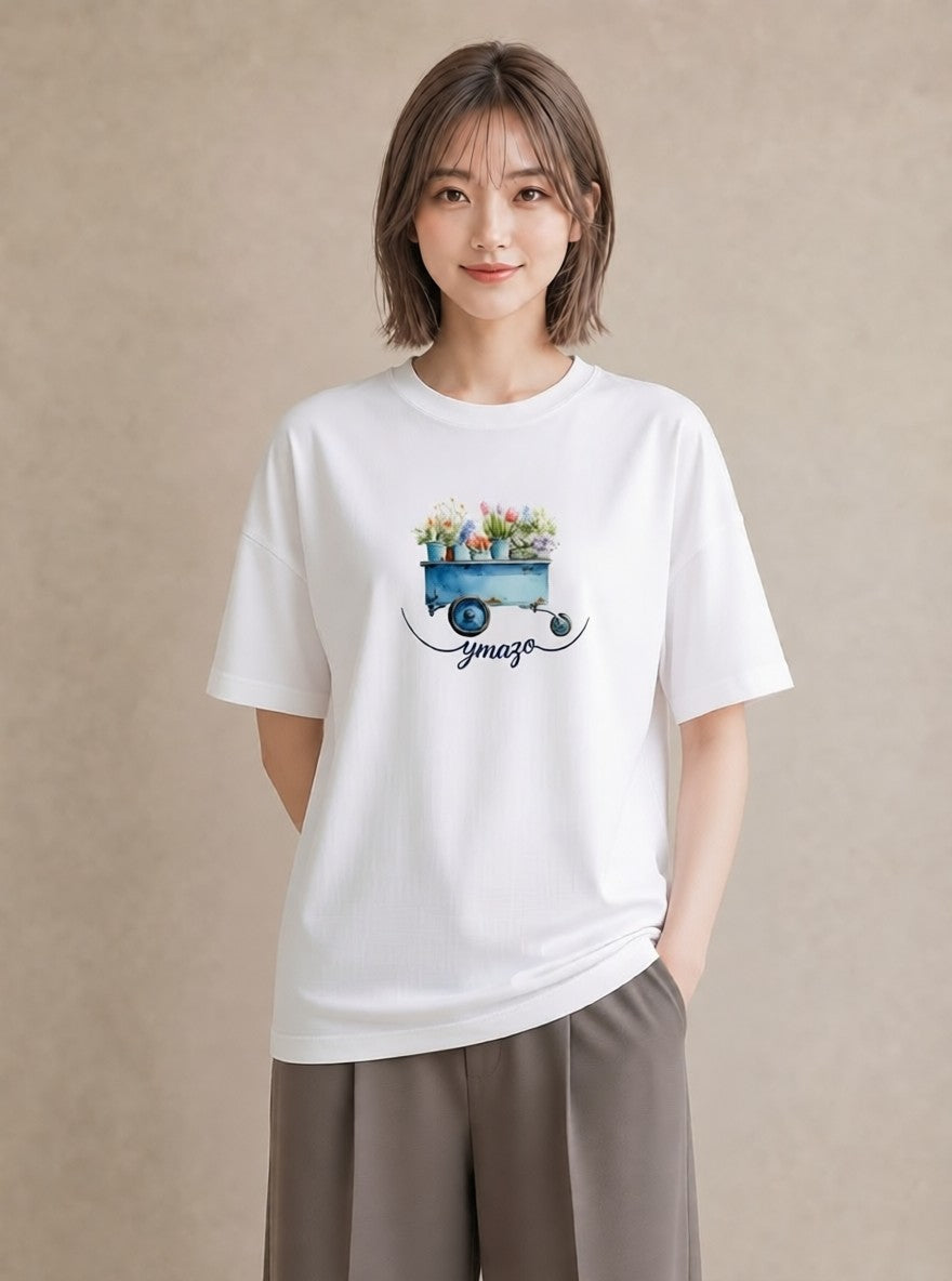 半袖Tシャツ レディース 自転車のかご 自転車 花かご ナチュラル アンティーク イラスト ボタニカル 20代 カジュアルコーデ 白T YMAZO