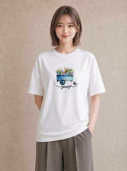 半袖Tシャツ レディース 自転車のかご 自転車 花かご ナチュラル アンティーク イラスト ボタニカル 20代 カジュアルコーデ 白T YMAZO